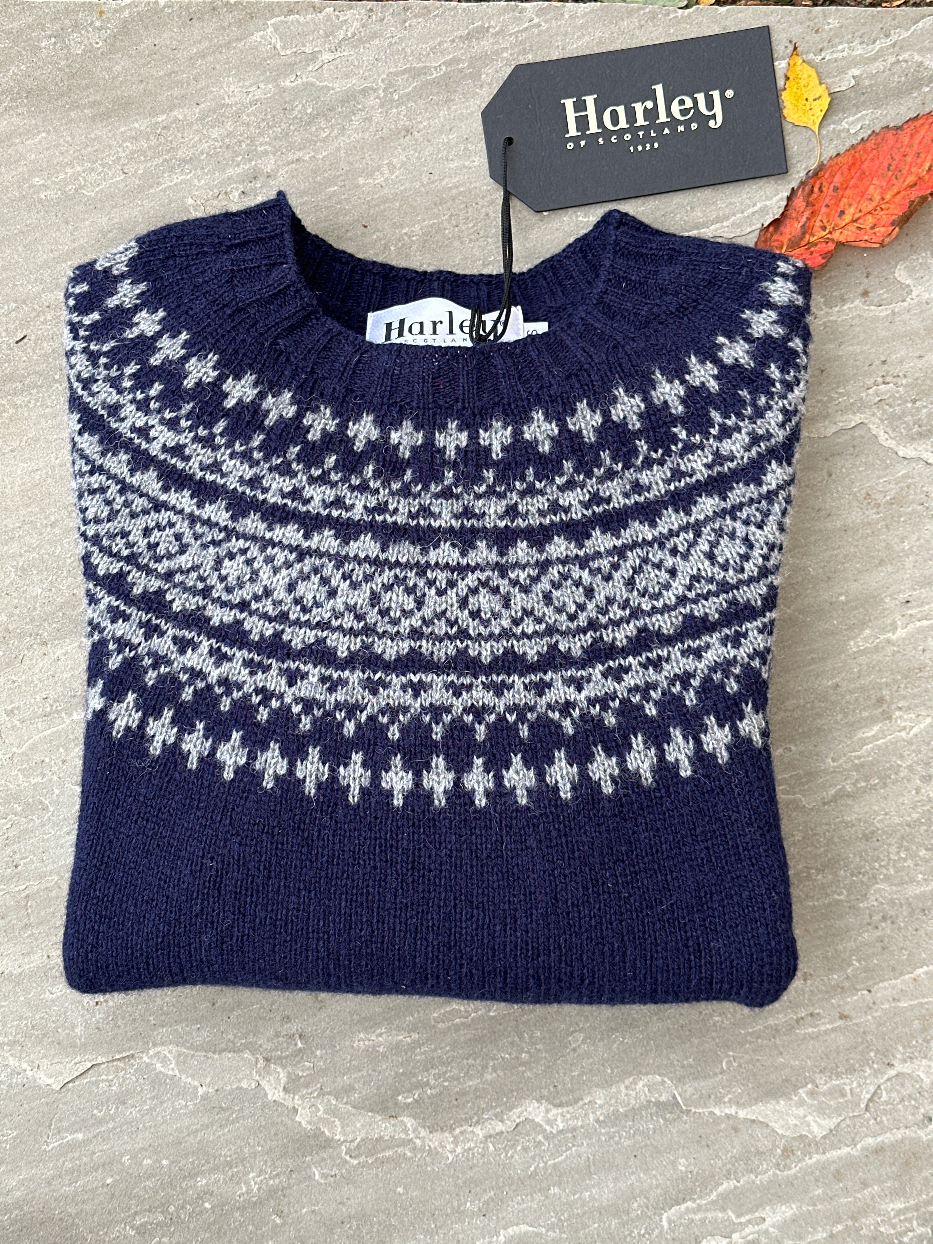 Harley Of Scotland New Navy/Med Grey Crew Neck Fairisle